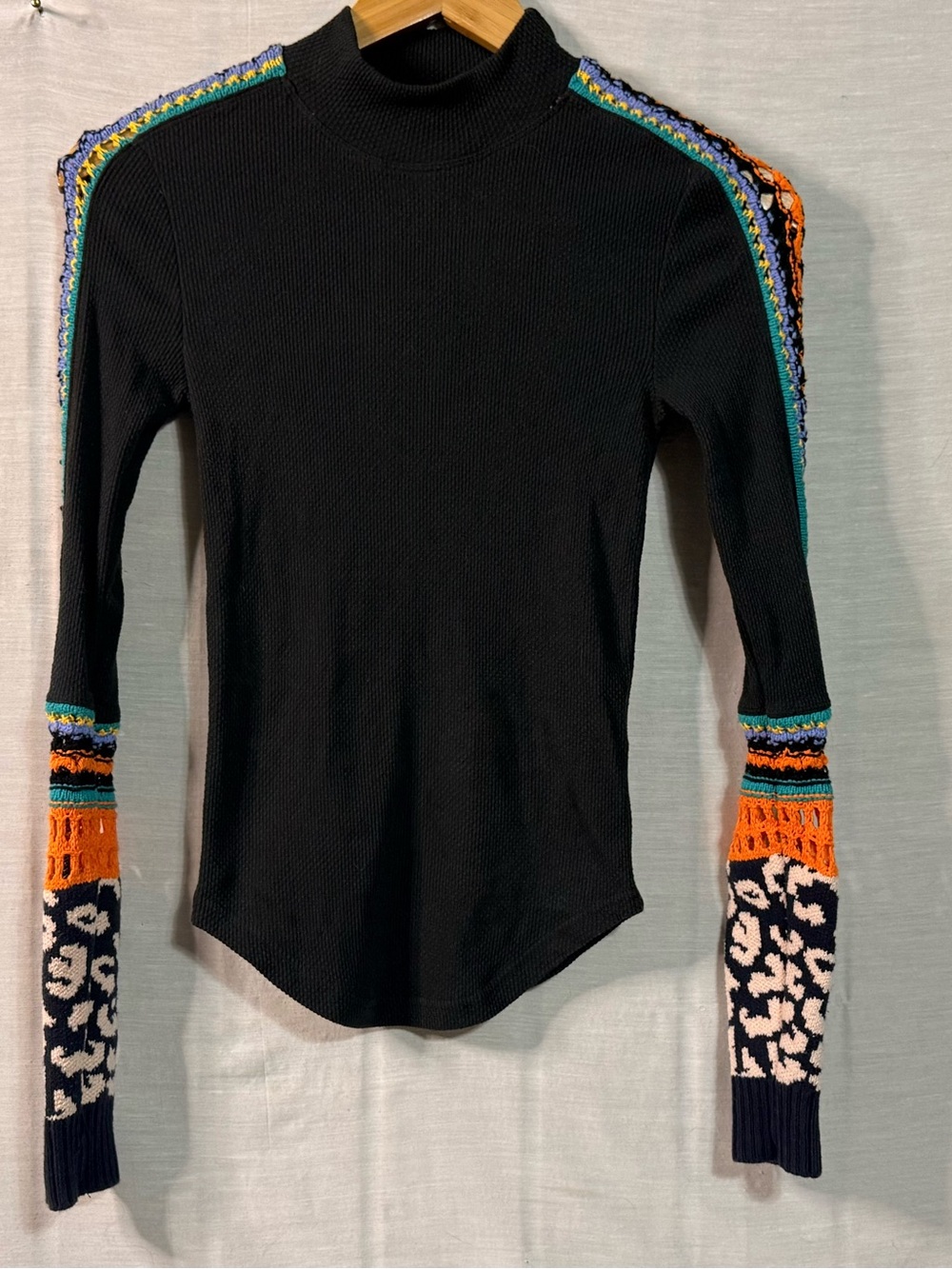 Free People Black Thermal Crochet Leopard Sleeve Top XS